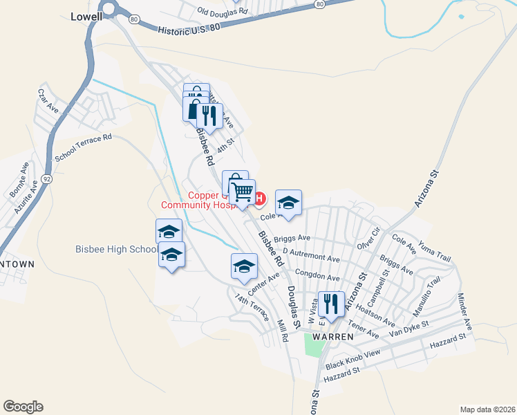 map of restaurants, bars, coffee shops, grocery stores, and more near 101 Cole Avenue in Bisbee