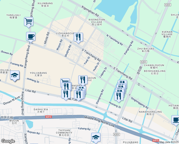 map of restaurants, bars, coffee shops, grocery stores, and more near Qing Long Gang Lu in Su Zhou Shi