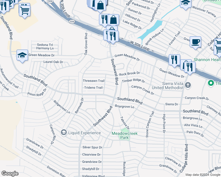 map of restaurants, bars, coffee shops, grocery stores, and more near 3614 Tridens Trail in San Angelo