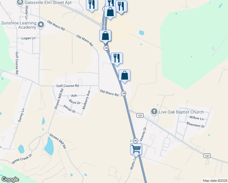 map of restaurants, bars, coffee shops, grocery stores, and more near 307 Old Waco Road in Gatesville
