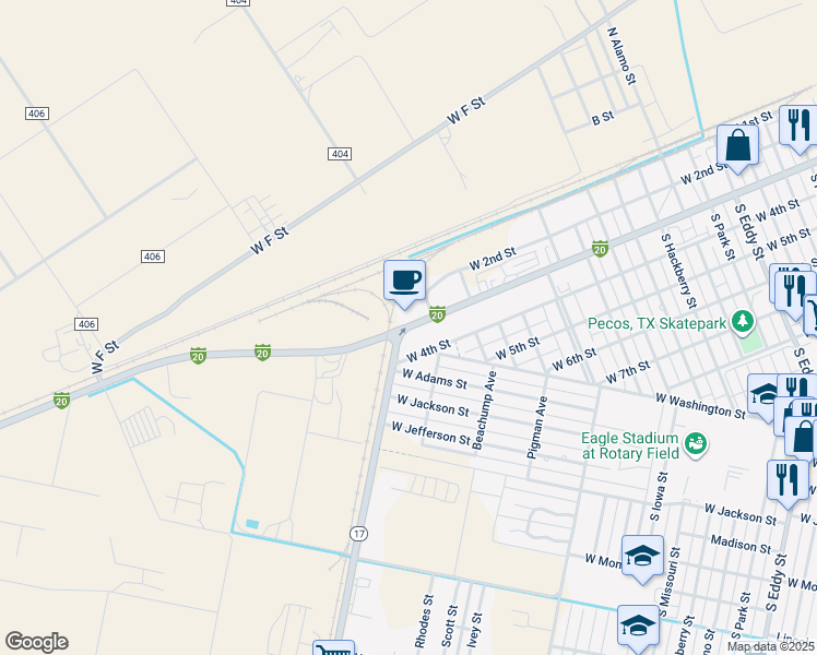 map of restaurants, bars, coffee shops, grocery stores, and more near West 4th Street in Pecos