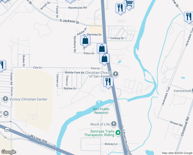 map of restaurants, bars, coffee shops, grocery stores, and more near 4115 Ben Ficklin Road in San Angelo
