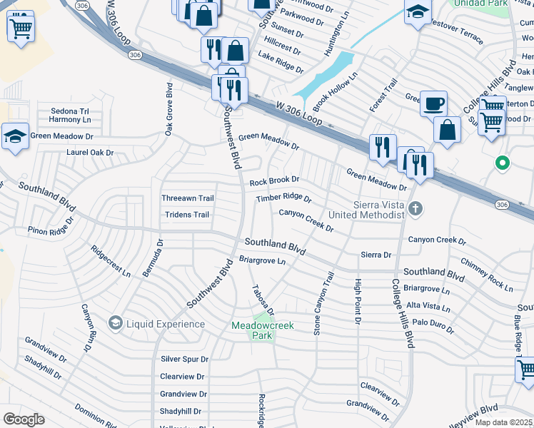 map of restaurants, bars, coffee shops, grocery stores, and more near 4701 Meadow Creek Trail in San Angelo