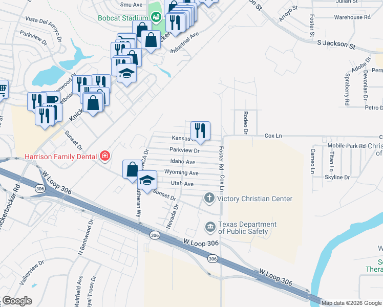 map of restaurants, bars, coffee shops, grocery stores, and more near 1601-1699 Idaho Avenue in San Angelo