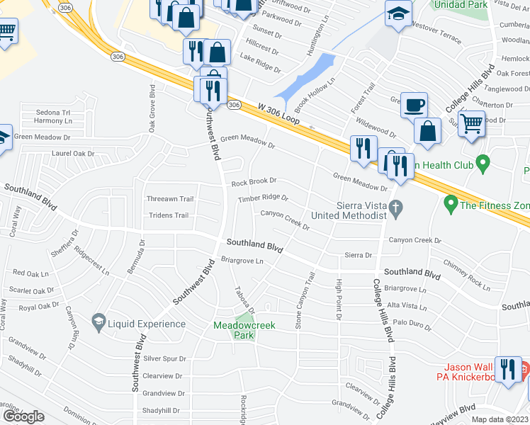 map of restaurants, bars, coffee shops, grocery stores, and more near 3338 Canyon Creek Drive in San Angelo