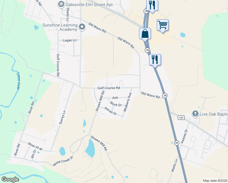 map of restaurants, bars, coffee shops, grocery stores, and more near 203 Ash Drive in Gatesville