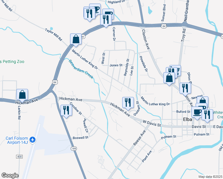 map of restaurants, bars, coffee shops, grocery stores, and more near 181 Jackson Avenue in Elba