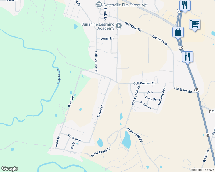 map of restaurants, bars, coffee shops, grocery stores, and more near 1110 Golf Course Road in Gatesville