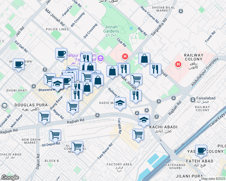 map of restaurants, bars, coffee shops, grocery stores, and more near Railway Road in Faisalabad