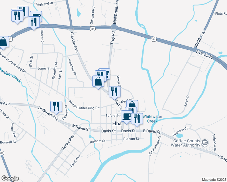 map of restaurants, bars, coffee shops, grocery stores, and more near 610 Troy Road in Elba