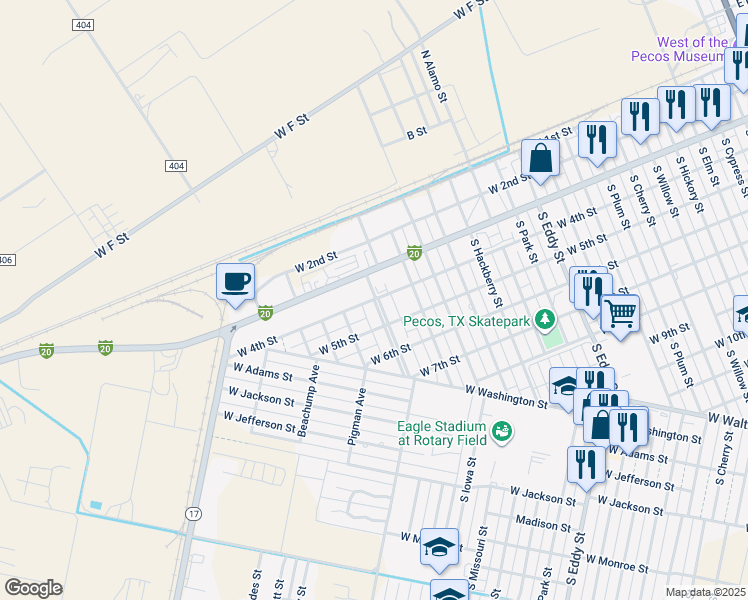 map of restaurants, bars, coffee shops, grocery stores, and more near 1701 West 4th Street in Pecos