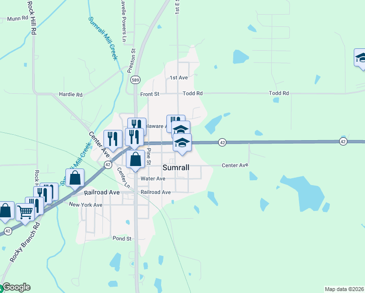 map of restaurants, bars, coffee shops, grocery stores, and more near 1217 Mississippi 42 in Sumrall