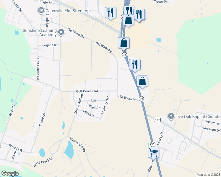 map of restaurants, bars, coffee shops, grocery stores, and more near 1601 Golf Course Road in Gatesville