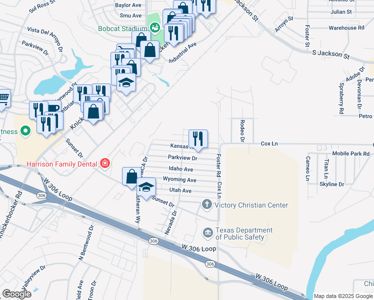 map of restaurants, bars, coffee shops, grocery stores, and more near 1649 Kansas Avenue in San Angelo