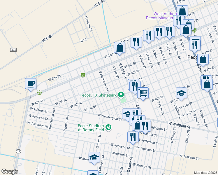 map of restaurants, bars, coffee shops, grocery stores, and more near 512 South Hackberry Street in Pecos