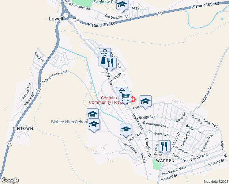 map of restaurants, bars, coffee shops, grocery stores, and more near 0 Bisbee Road in Bisbee