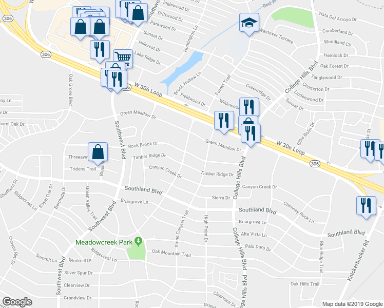 map of restaurants, bars, coffee shops, grocery stores, and more near 3226 Rock Brook Drive in San Angelo