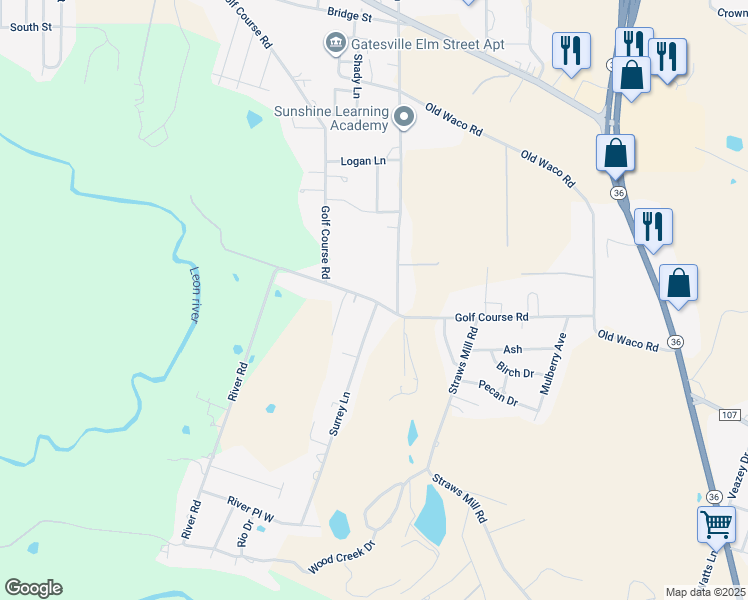 map of restaurants, bars, coffee shops, grocery stores, and more near 1110 Golf Course Road in Gatesville