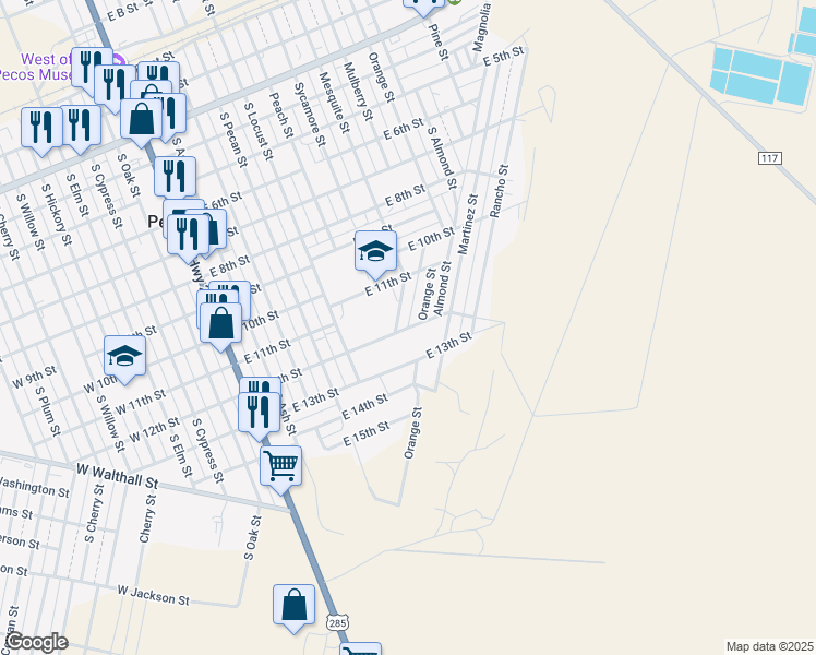 map of restaurants, bars, coffee shops, grocery stores, and more near 802 East 12th Street in Pecos
