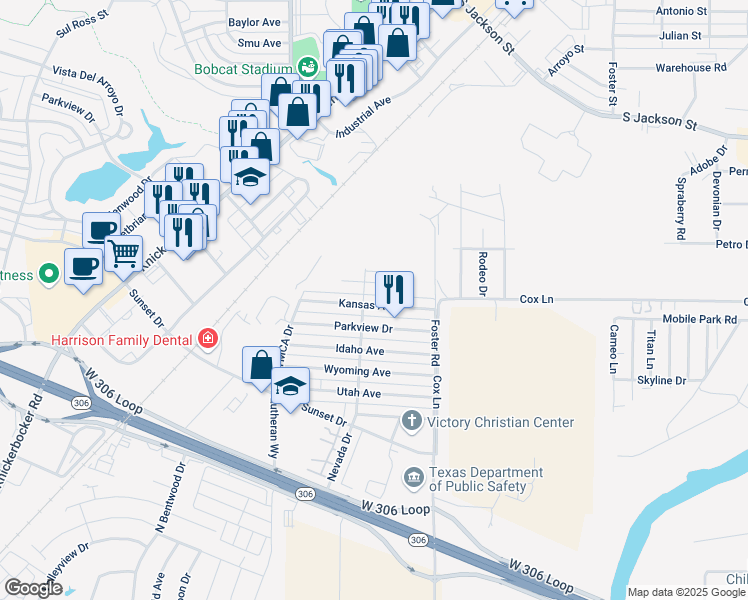 map of restaurants, bars, coffee shops, grocery stores, and more near 1649 Kansas Avenue in San Angelo