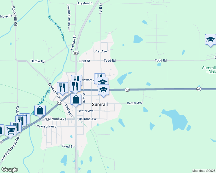 map of restaurants, bars, coffee shops, grocery stores, and more near 1217 Highway 42 in Sumrall