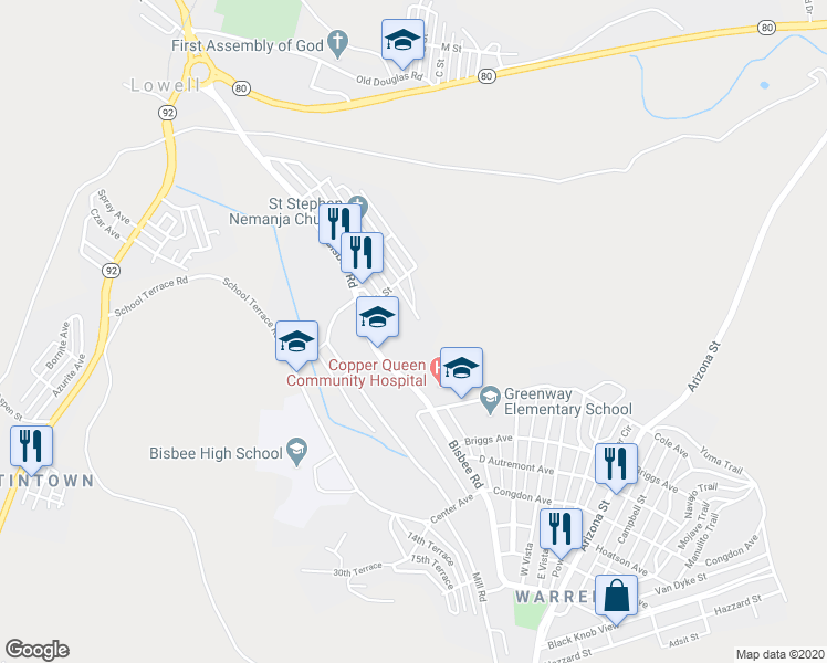 map of restaurants, bars, coffee shops, grocery stores, and more near 1 Hillcrest Drive in Bisbee