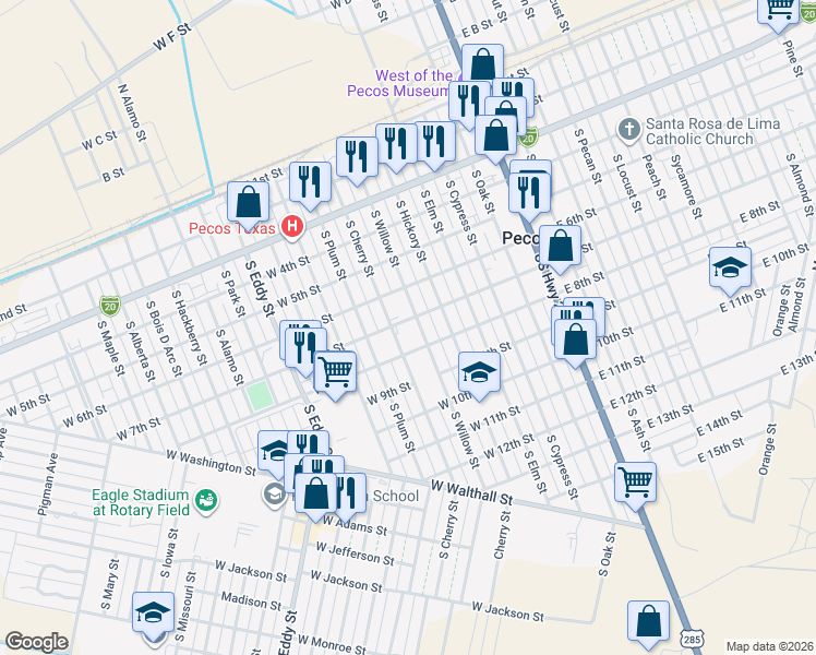 map of restaurants, bars, coffee shops, grocery stores, and more near 600-698 South Cherry Street in Pecos