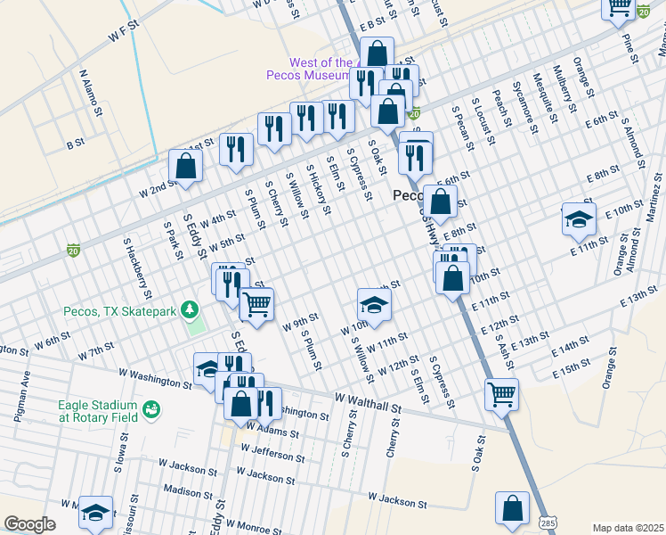map of restaurants, bars, coffee shops, grocery stores, and more near 401-499 West 7th Street in Pecos