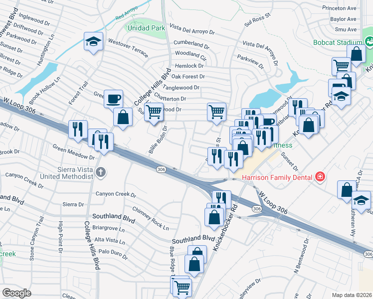 map of restaurants, bars, coffee shops, grocery stores, and more near 2901 Sunset Drive in San Angelo