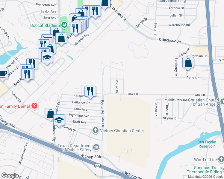 map of restaurants, bars, coffee shops, grocery stores, and more near 4326 Chisholm Trail in San Angelo