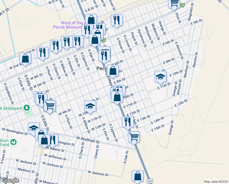 map of restaurants, bars, coffee shops, grocery stores, and more near 201 East 9th Street in Pecos