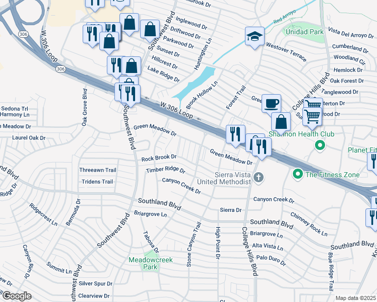 map of restaurants, bars, coffee shops, grocery stores, and more near 25 Green Meadow Drive in San Angelo