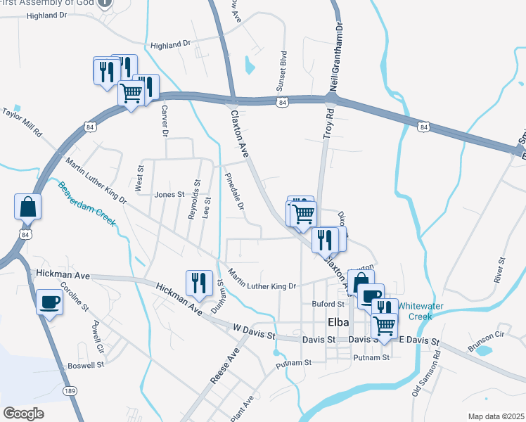 map of restaurants, bars, coffee shops, grocery stores, and more near 739 Claxton Avenue in Elba