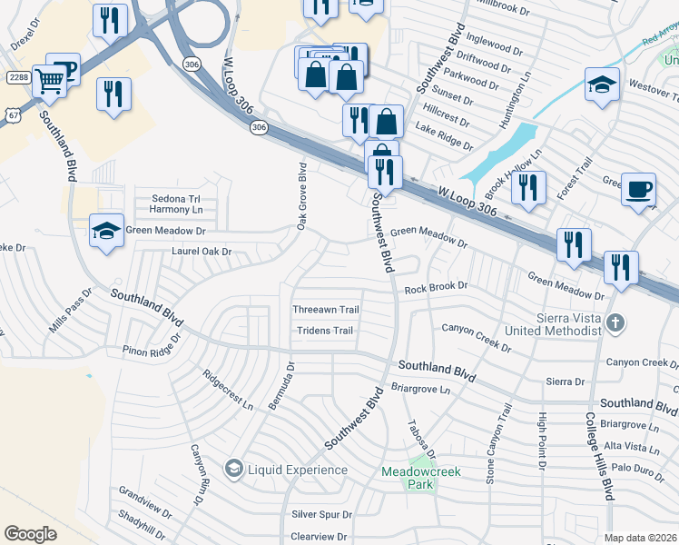 map of restaurants, bars, coffee shops, grocery stores, and more near 3817 Wild Rye Trail in San Angelo