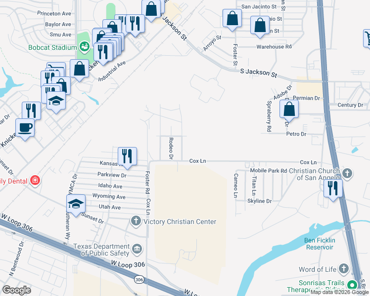 map of restaurants, bars, coffee shops, grocery stores, and more near 4318 Goodnight Trail in San Angelo