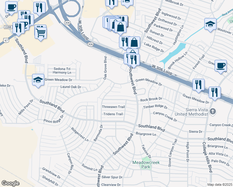 map of restaurants, bars, coffee shops, grocery stores, and more near 3815A Wild Rye Trail in San Angelo