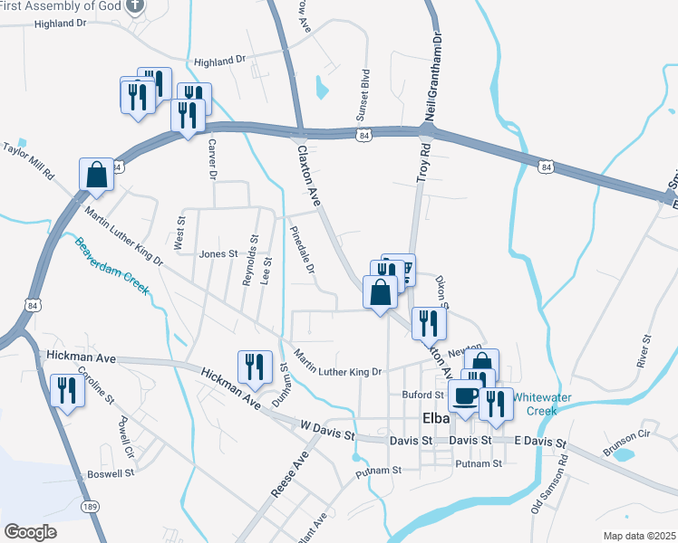 map of restaurants, bars, coffee shops, grocery stores, and more near 739 Claxton Avenue in Elba