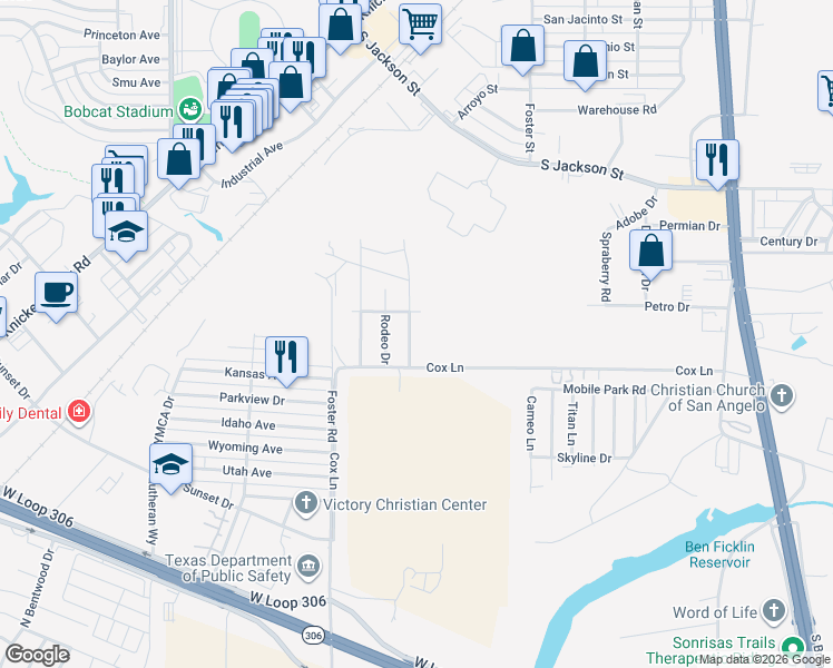 map of restaurants, bars, coffee shops, grocery stores, and more near 4318 Goodnight Trail in San Angelo