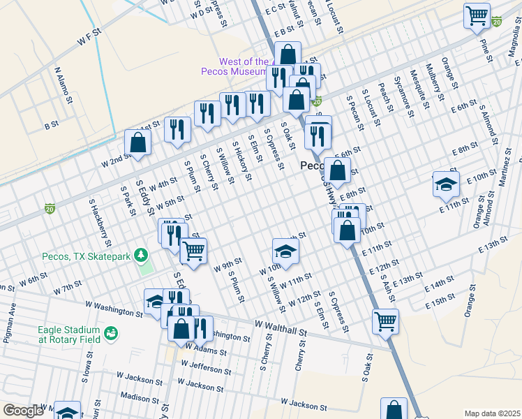 map of restaurants, bars, coffee shops, grocery stores, and more near 401 West 7th Street in Pecos