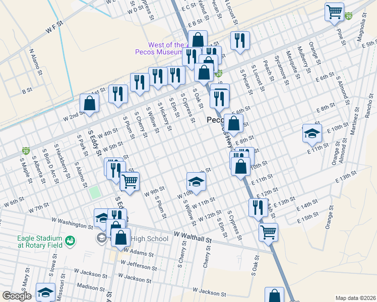 map of restaurants, bars, coffee shops, grocery stores, and more near 701 South Elm Street in Pecos