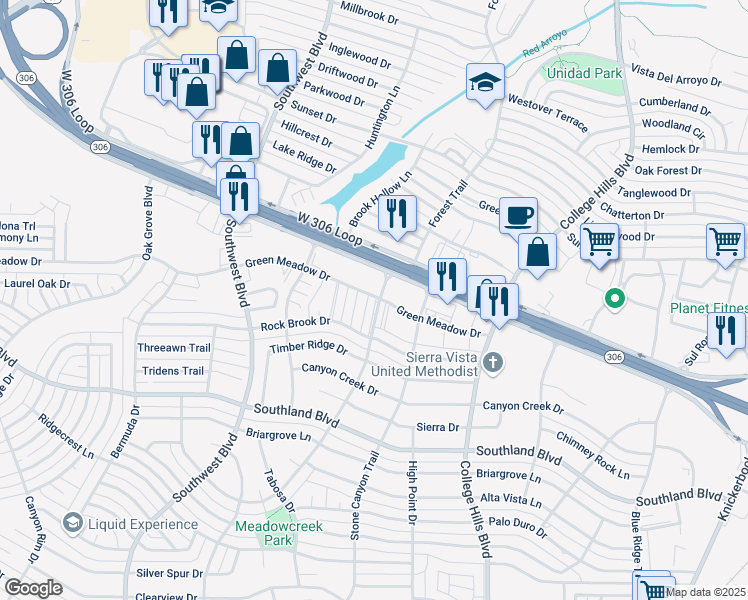 map of restaurants, bars, coffee shops, grocery stores, and more near 25 Green Meadow Drive in San Angelo