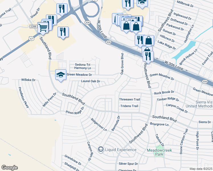 map of restaurants, bars, coffee shops, grocery stores, and more near 4601 Oak Grove Boulevard in San Angelo
