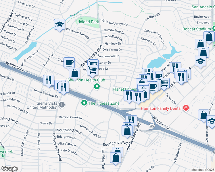 map of restaurants, bars, coffee shops, grocery stores, and more near 2901 Sunset Drive in San Angelo