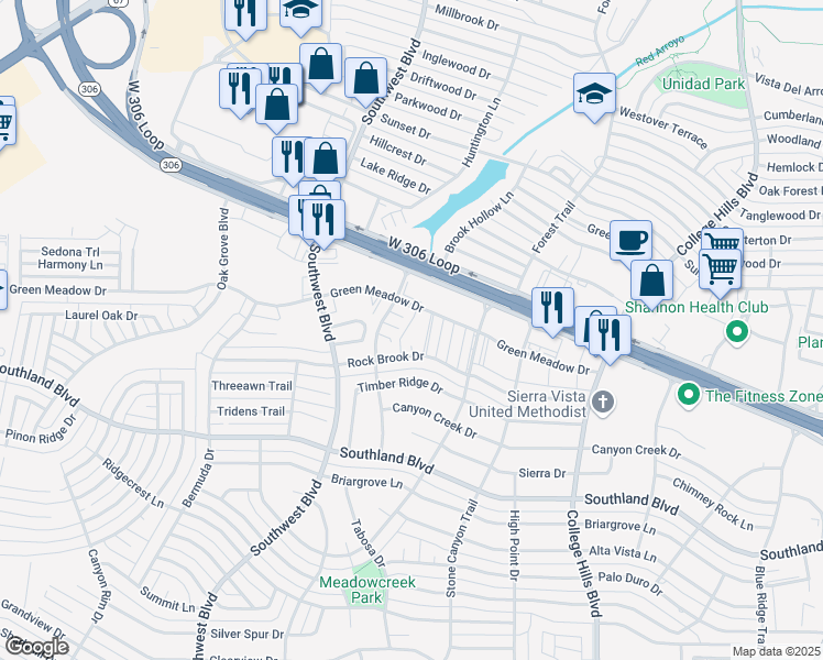 map of restaurants, bars, coffee shops, grocery stores, and more near 3326 Rock Brook Drive in San Angelo