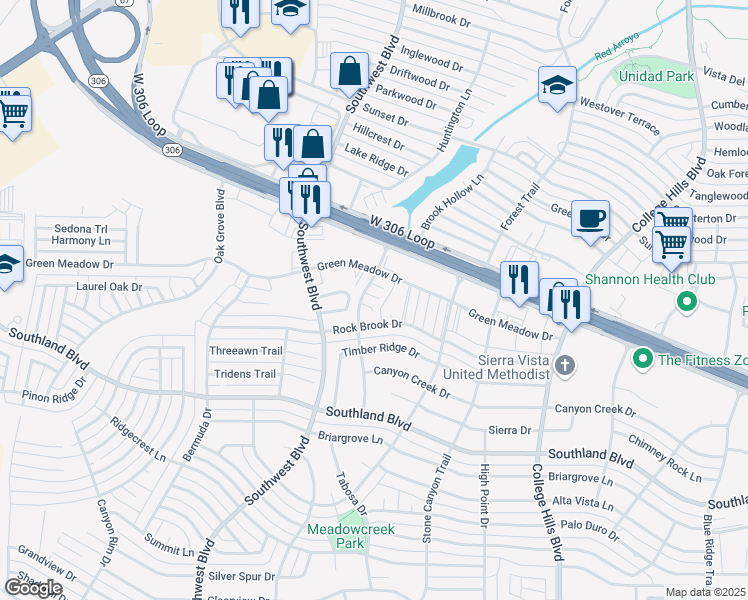 map of restaurants, bars, coffee shops, grocery stores, and more near 4402-4498 Meadow Creek Trail in San Angelo