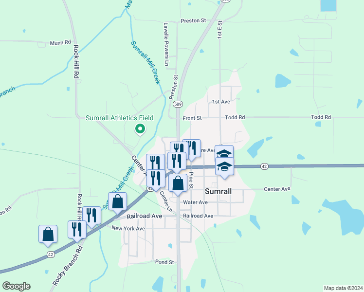map of restaurants, bars, coffee shops, grocery stores, and more near 26-28 Delaware Ave in Sumrall
