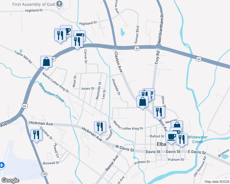 map of restaurants, bars, coffee shops, grocery stores, and more near 735 Pinedale Drive in Elba