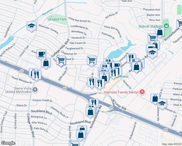 map of restaurants, bars, coffee shops, grocery stores, and more near 4110 Village East Circle in San Angelo