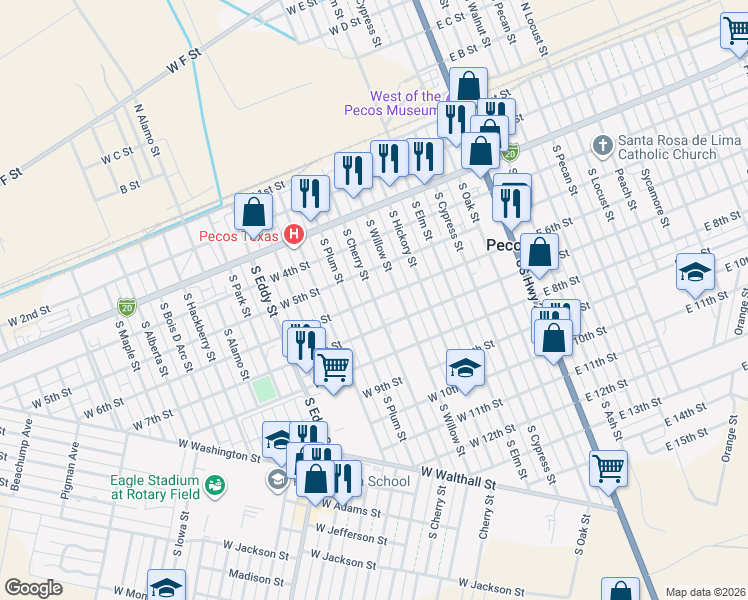 map of restaurants, bars, coffee shops, grocery stores, and more near 600 South Cherry Street in Pecos