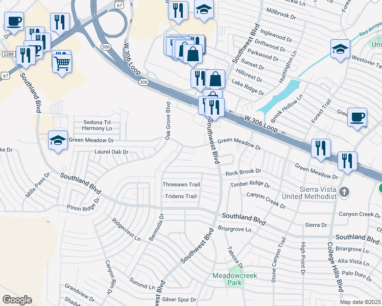 map of restaurants, bars, coffee shops, grocery stores, and more near 3815A Wild Rye Trail in San Angelo